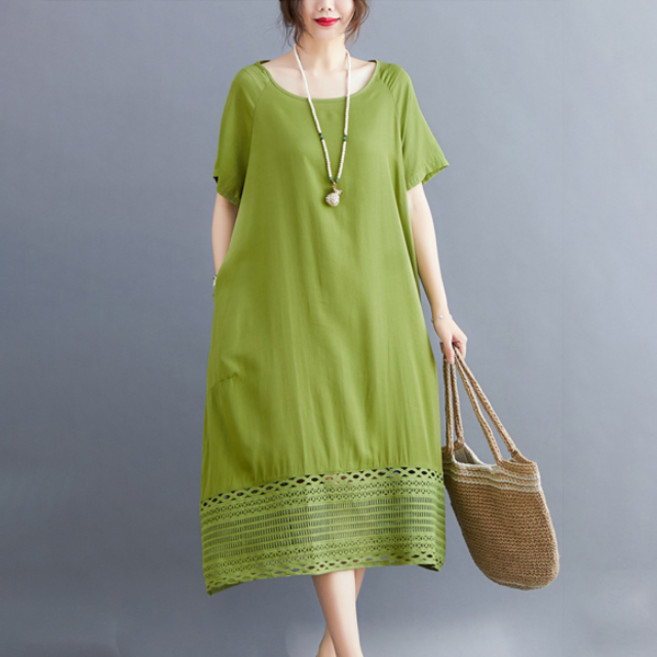 아뗄릭 데일리 캐주얼 라운드넥 포인트 포켓 밑단 무늬 루즈핏 미디 원피스 00023 빅사이즈 포함