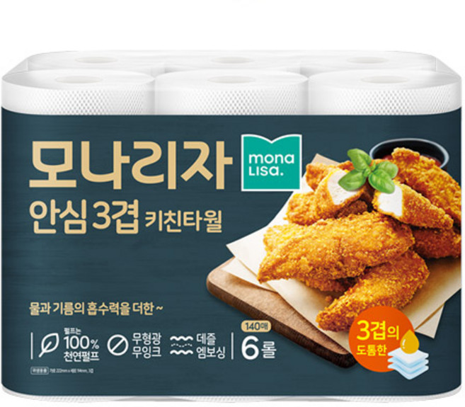 모나리자 안심3겹 천연펄프 키친타올, 6개, 140매