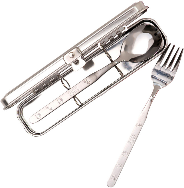 라온누리 아동용 올스텐 무소음 수저통 포크 세트 곰돌이, 단일, 숟가락 + 포크 + 케이스, 1개