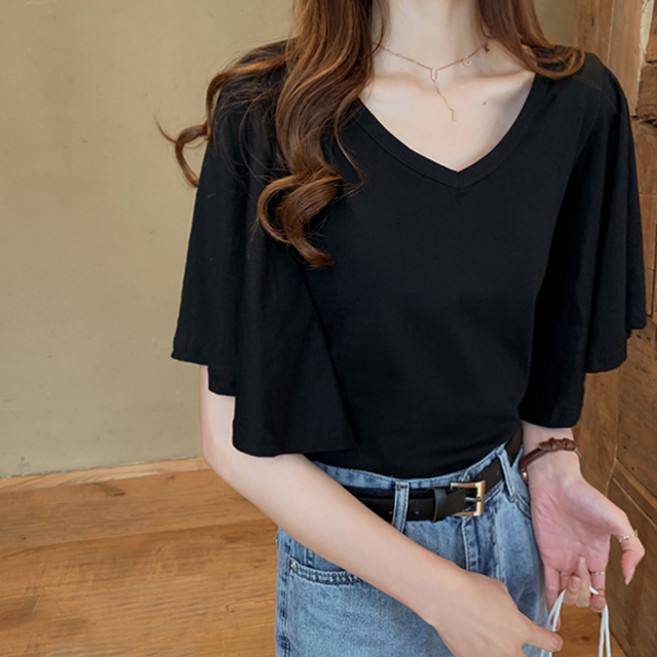 메이첼 여성용 러플 날개 소매 빅사이즈 루즈핏 반팔 티셔츠 00059