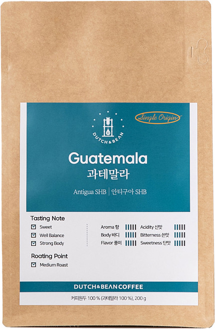 더치앤빈 과테말라 안티구아 SHB 로스팅원두, 커피메이커, 200g, 1개