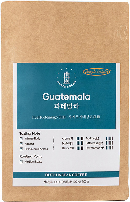 더치앤빈 싱글 오리진 과테말라 우에우에테낭고 SHB 커피 로스팅 원두, 홀빈(분쇄안함), 200g, 1개