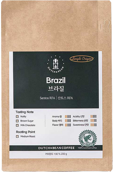 DUTCH&BEAN COFFEE 單一產區 巴西桑托斯 RFA 烘焙咖啡豆, 原豆(未研磨), 200g, 1個