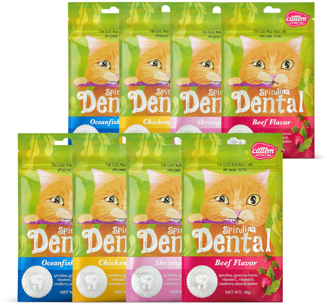 캣템 스피루리나 고양이 덴탈 간식, 치킨+비프+쉬림프+오션피쉬, 60g, 8개