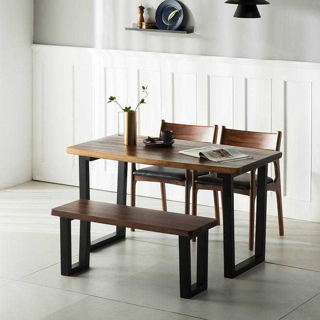 장인가구아이브 로렌 장미목 우드슬랩 4인용 식탁 + 벤치 1p + 의자 2p 방문설치, 앤틱브라운
