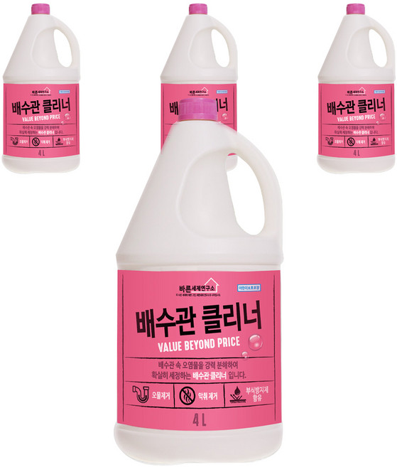 바른세제연구소 배수관 클리너, 4L, 4개