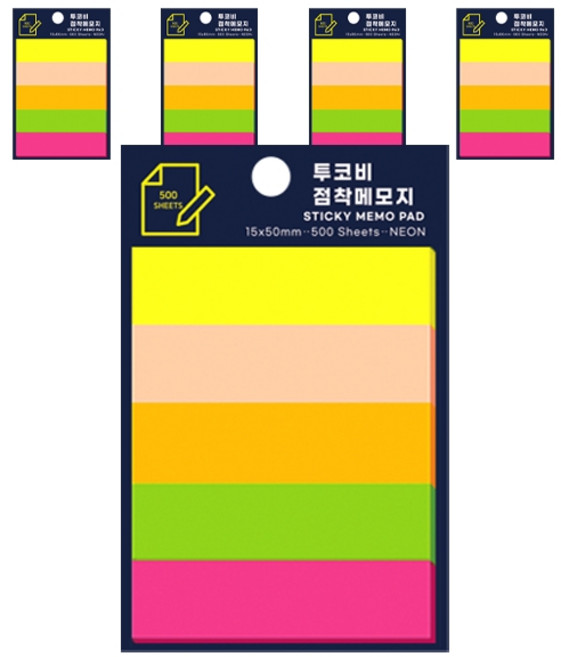 투코비 점착 메모지 5색 15 x 50 mm 500p, 혼합색상, 5개