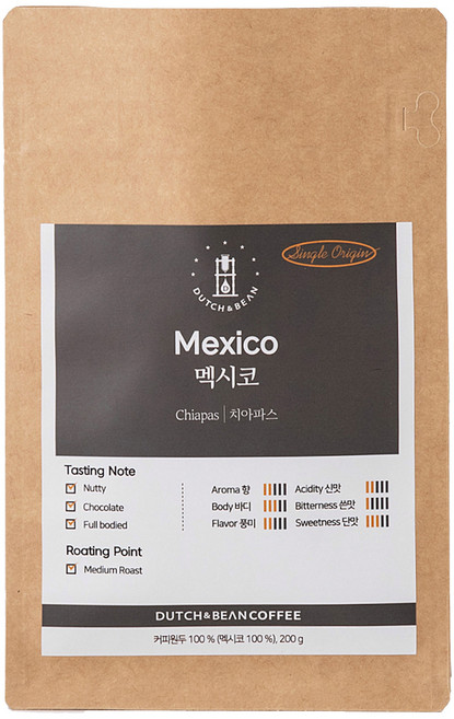더치앤빈 싱글 오리진 멕시코 치아파스 로스팅 원두, 홀빈(분쇄안함), 200g, 1개