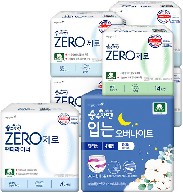 순수한면 제로 중 16p x 4p + 대 14p + 라이너 70p + 입는 오버나이트 중대 4p + 책, 1세트, 중형, 대형, 슈퍼롱