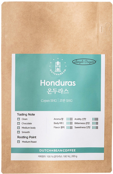 더치앤빈 싱글 오리진 온두라스 코판 SHG 시티 로스팅원두, 200g, 1개, 커피메이커(중간)