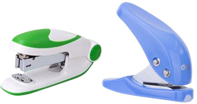 델리 칼라 둥근 33호침 사용 스테이플러 0319 + 미니 1공 펀치 0111 세트, 그린(스테이플러), 랜덤발송(펀치), 1세트