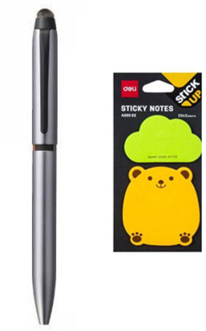 미쯔비시 제트스트림 듀얼 3색 터치펜 0.5mm + 델리 동물 접착 메모지 55002 세트, 실버(터치펜), 랜덤발송(메모지), 1세트