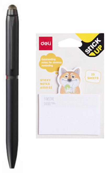 미쯔비시 제트스트림 듀얼 3색 터치펜 0.5mm + 델리 애니멀 접착메모지 55902, 블랙(멀티펜), 메모지(랜덤발송), 1세트