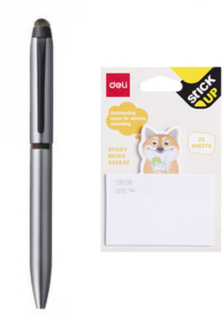 미쯔비시 제트스트림 듀얼 3색 터치펜 0.5mm + 델리 애니멀 접착메모지 55902, 실버(멀티펜), 메모지(랜덤발송), 1세트