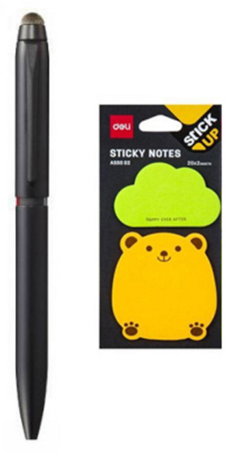 미쯔비시 제트스트림 듀얼 3색 터치펜 0.5mm + 델리 동물 접착메모지 55002, 블랙(멀티펜), 메모지(랜덤발송), 1세트