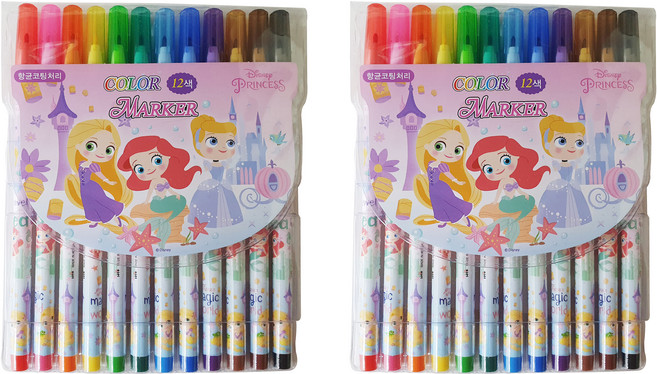 에이치엠플러스 디즈니 프린세스 인어공주 라푼젤 신데렐라 12색 사인펜, 혼합색상, 2개