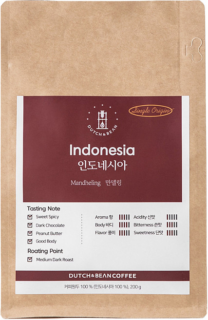 더치앤빈 싱글 오리진 인도네시아 만델링 로스팅 원두, 홀빈(분쇄안함), 200g, 1개