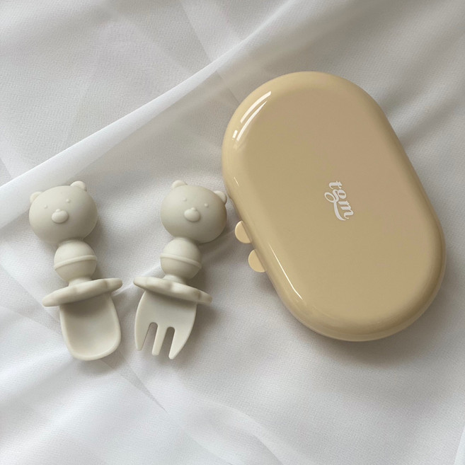 티지엠 실리콘 자기주도 스푼 + 포크 + 케이스 세트, 곰돌이 라이트그레이(스푼, 포크), 스푼+포크+케이스, 1세트