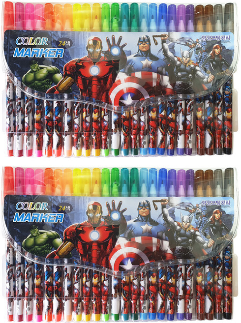 에이치엠플러스 마블 아이언맨 헐크 토르 캡틴 아메리카 남아용 24색 사인펜, 혼합색상, 2개
