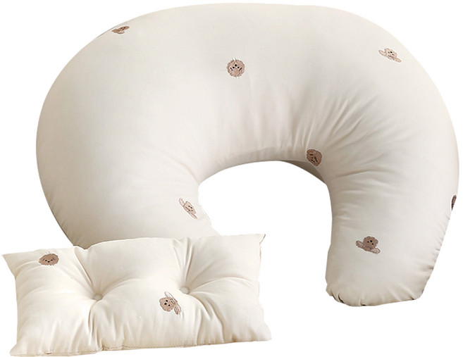 댕댕이 자수 순면 신생아 수유쿠션 베개 세트, 아이보리