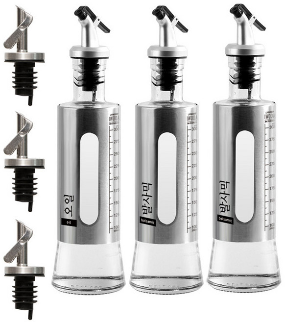 이우아여사 304스텐 유리 오일병 320ml x 3p + 스텐뚜껑 3p + 스티커, 1세트