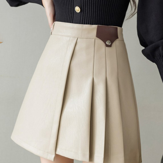 메이첼 하이웨스트 A라인 반반 플리츠 가죽 미니 스커트 00275