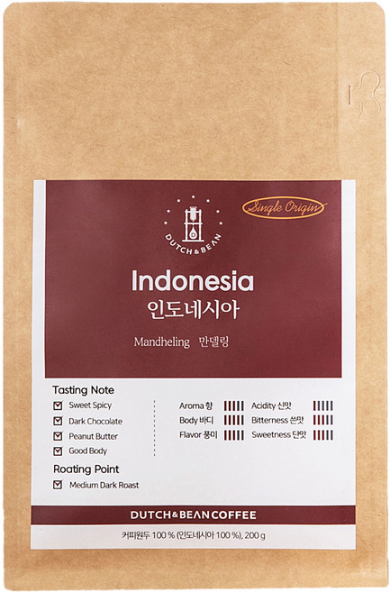 더치앤빈 싱글 오리진 인도네시아 만델링 커피 로스팅 원두, 커피메이커(중간), 200g, 1개