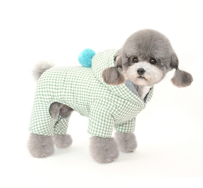 더플로우컴퍼니 반려동물 잔체크패턴 방울 모자 올인원 패딩, 그린, 1개