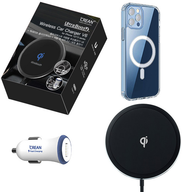 크레앙 맥세이프 차량용 무선충전기 V6 + 퀵차지 3.0 1포트 충전기 + 아이폰 13 Pro용 맥세이프 클리어 케이스 세트, 블랙(무선 충전기), 투명(케이스), 화이트 + 블루(포트 충전기), CREQCARULTQV6(무선충전기), CREQCAR1(포트충전기)