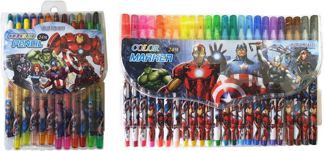 에이치엠플러스 마블 남아용 어벤져스 색연필 24색 + 사인펜 24색 문구 세트, 혼합색상, 1세트