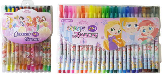 디즈니프린세스 캐릭터 24색 색연필 + 24색 사인펜 세트, 1세트