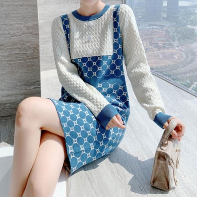 메이첼 라운드넥 빅사이즈 블루몬드 니트 원피스 00253