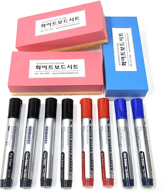 생잉크마카 검정 4p + 빨강 2p + 파랑 2p + 대형 매직폼 지우개 + 이중 극세사 지우개, 검정, 빨강, 파랑, 1세트
