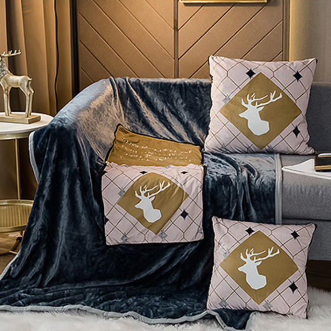 북유럽풍 프린트 쿠션베개 겸용 담요, H 핑크사슴