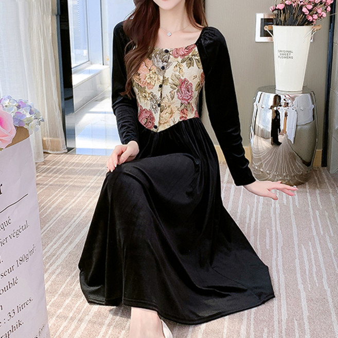 메이첼 스퀘어넥 플라워 빈티지 프렌치 롱 원피스 00373