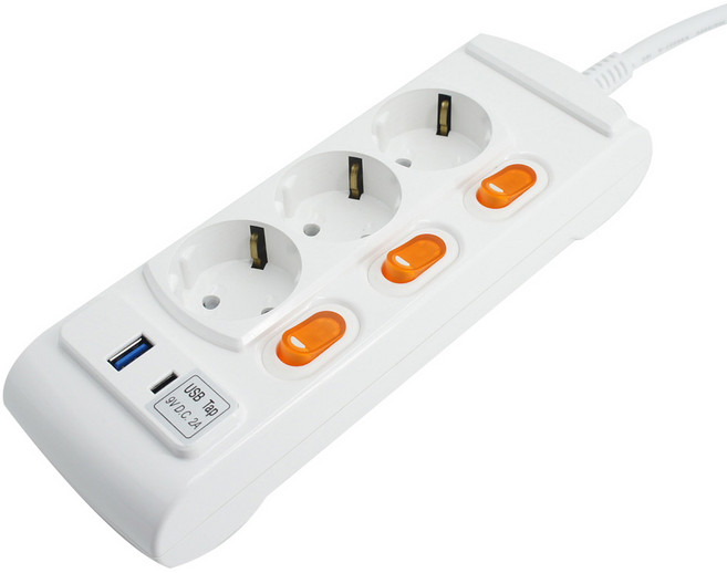 거성산업 개별스위치 USB & C타입 멀티탭 10호 16A 3구 + 안전캡 2p, 10m, 1세트