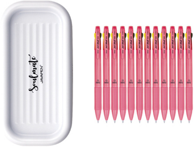 자바펜 제트 3볼 Biz 네오 0.7 유성 흑 + 적 + 0.5 형광 펜 12p + 펜트레이 세트, 핑크(펜), 랜덤발송(트레이), 1세트