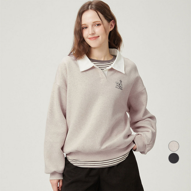 ELLEPARIS 여성용 아이코닉 스몰 모티프 자수 기모 폴로 스웻셔츠