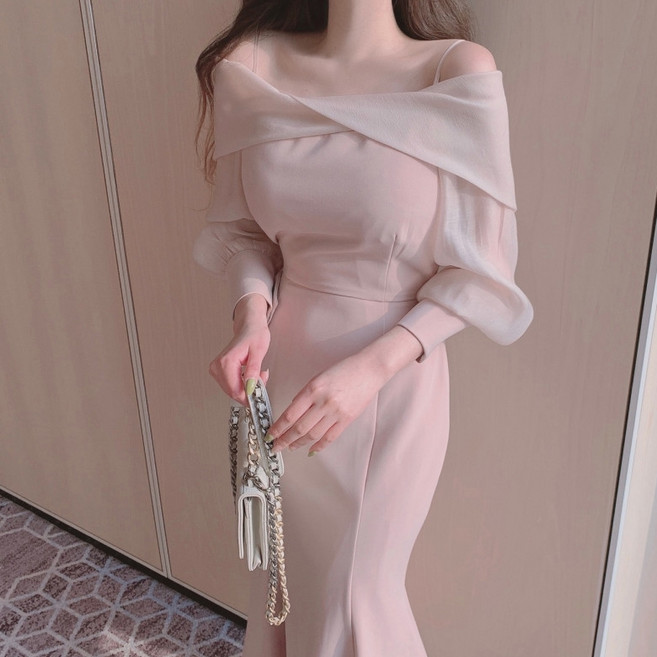 비비에모 오프숄더 우아쉬폰 머메이드 롱 원피스 00722