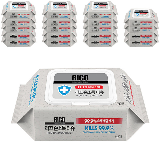 리꼬 손소독 티슈 캡형, 60g, 70매, 20개