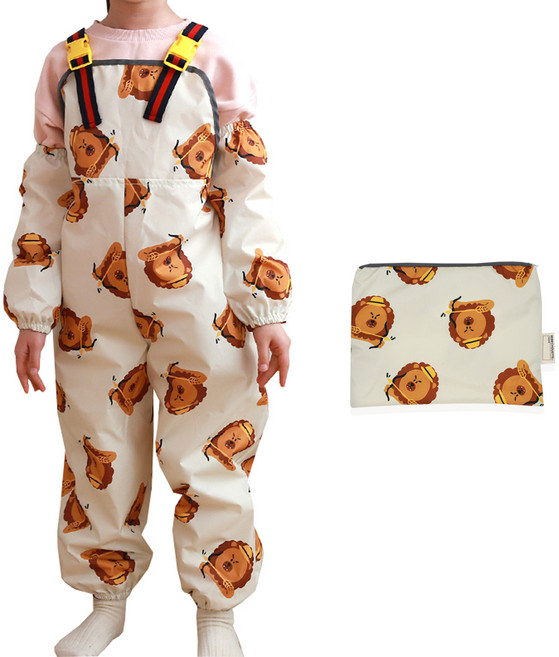 레인보우슈에뜨 아동용 체험놀이 미술요리용 갯벌체험 멜빵바지 + 팔토시 + 파우치 세트, 라이언