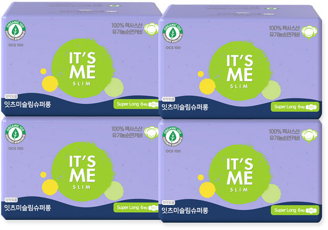 잇츠미 유기농 순면커버 슬림 생리대 날개형, 6개입, 4개, 슈퍼롱