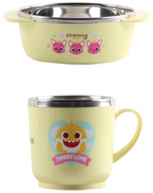 아이조움 핑크퐁 아기상어 논슬립 스텐 식기 세트, 혼합색상, 손잡이 대접 + 손잡이 컵, 1세트