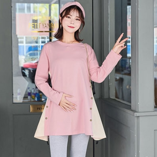 임산부 라운드넥 포인트리본 긴팔 티셔츠