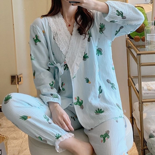 임산부 레이스카라 선인장 수유 잠옷 상하의 세트