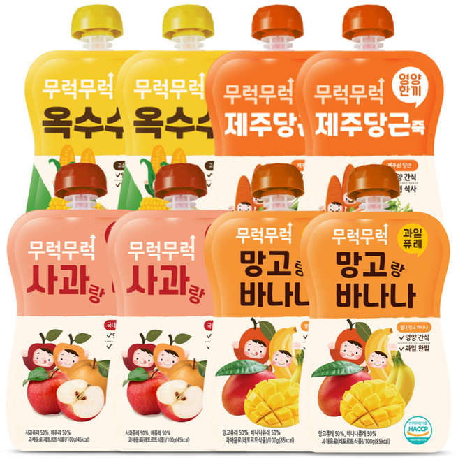 이유케어스 무럭무럭 키즈죽 과일 퓨레 4종 세트, 옥수수, 당근, 사과 + 배 혼합맛, 망고 + 바나나 혼합맛, 2세트