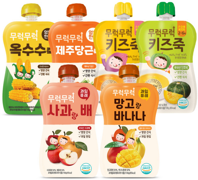 이유케어스 유아용 무럭무럭 키즈죽 6종 세트, 옥수수, 당근, 단호박, 고구마, 사과랑배, 망고랑바나나, 1세트, 100g