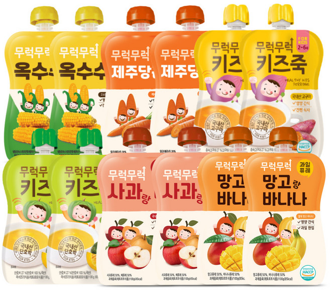 이유케어스 무럭무럭 키즈죽 6종 x 2p 세트, 옥수수, 제주당근, 고구마, 단호박, 사과랑배, 망고랑바나나, 1세트, 100g