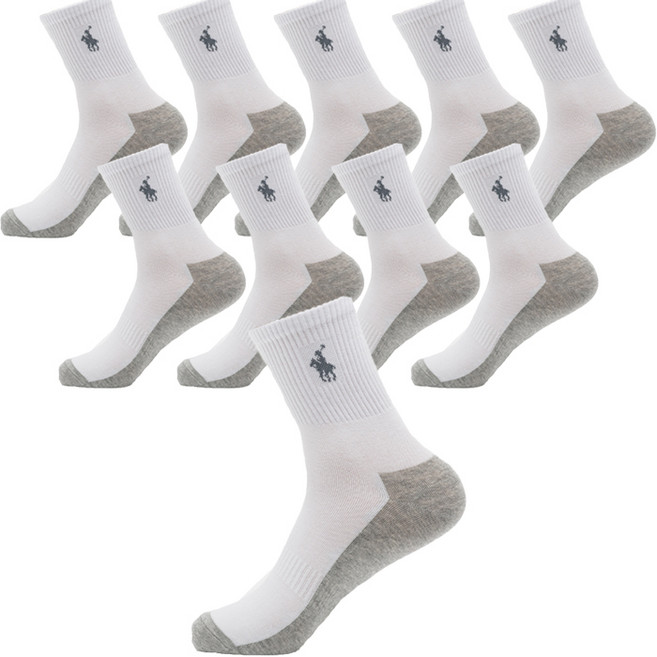 TS7 남성용 면 스포츠 중목 말 양말 10족 세트, 투톤 화이트, 10개
