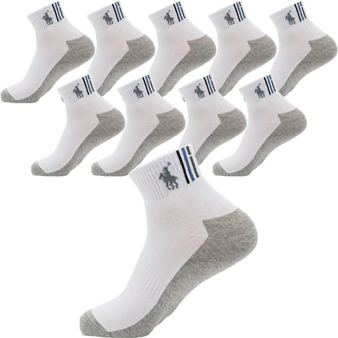 TS7 남성용 면 스포츠 미니목 말 삼선 양말 10족 세트, 투톤 화이트, 10개